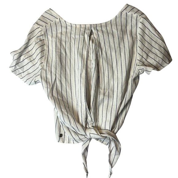 Roxy Shirt Women's XS White Stripe Short Sleeve Button Up Open Back Tie Beachy - Picture 3 of 9